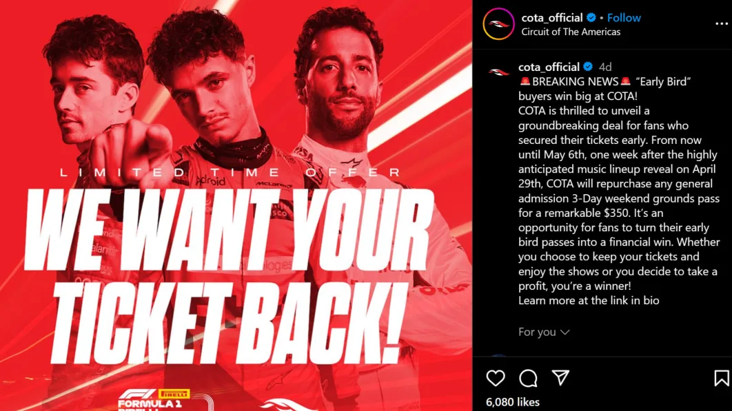 COTA's Unusual Offer: Buy Back U.S. Grand Prix Tickets for Higher Resale