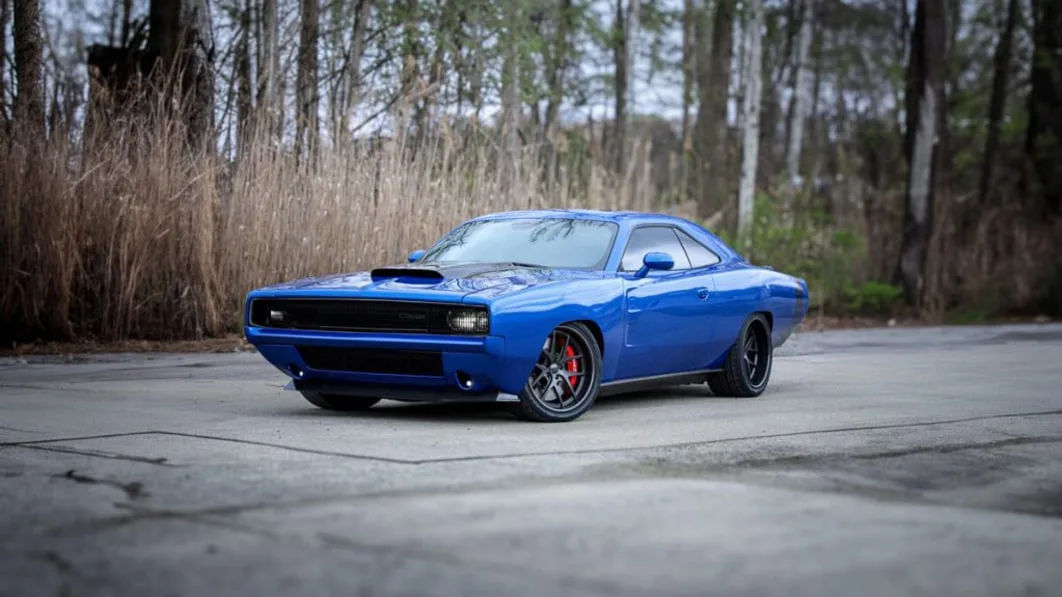 "Introducing the Exomod Ascent Blue Angel: A Vintage-Inspired Dodge Challenger Hellcat with a Hennessey Boost"