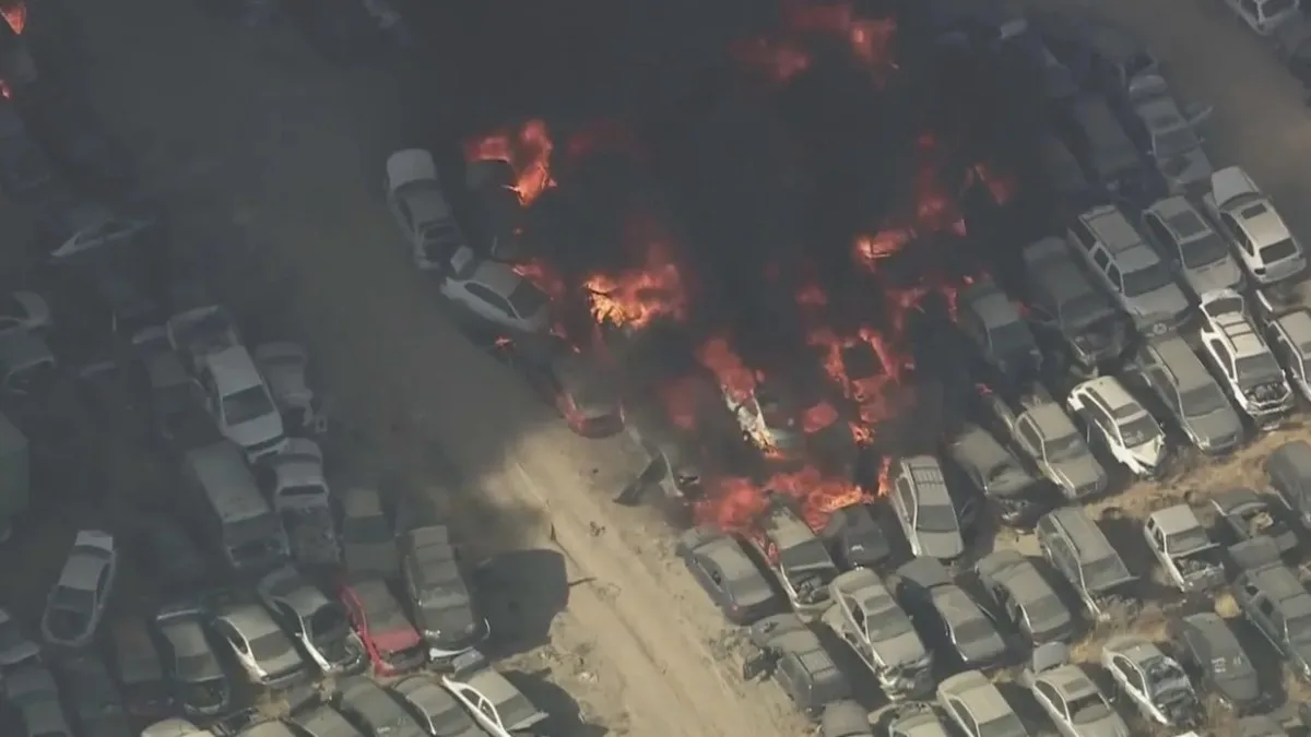 Massive Fire Engulfs Junkyard with Hundreds of Vehicles in Antelope Valley, Los Angeles